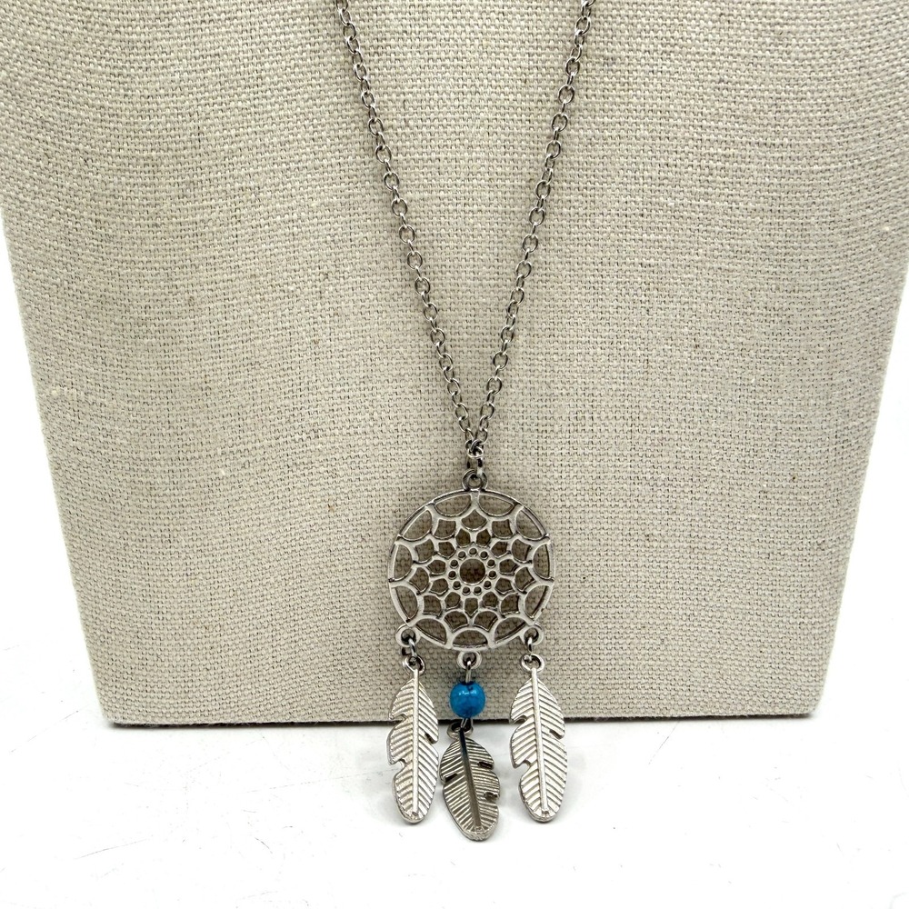 Dreamcatcher Feather Charm Necklace Silver Tone Boho Statement Festival Gift